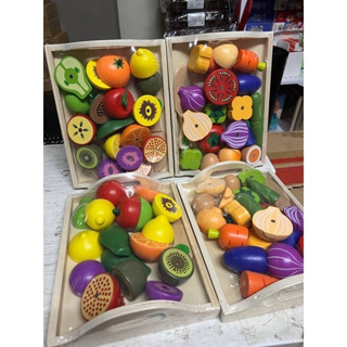 Take Me Away Wooden Cutting Fruit Vegetables Set for Kids - Pretend Play Food Toy Set with Wooden Knife and Tray Learning Toys for Toddlers (Fruit-E)