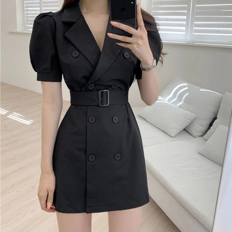 baao Turn down Collar Double Breasted Elegant Belt Slim Waist Puff ...