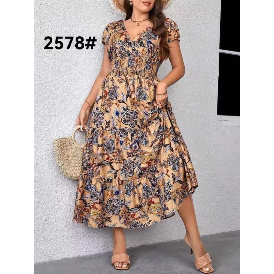Plus Size Polka Dot Print High Waist V Neck Dress