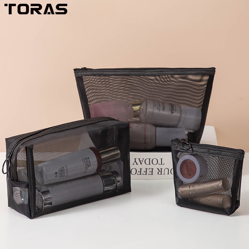 Toras Black Mesh Zipper Cosmetic Bag Makeup Organizer PVC Travel