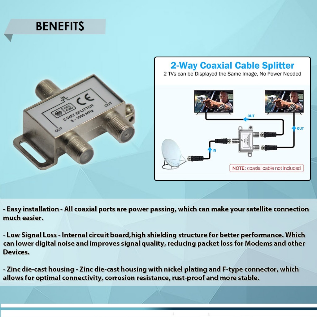 DIGITAL 2-WAY COAXIAL SPLITTER, 5-1000 MHz RG6 COMPATIBLE, BEST FOR TV ...