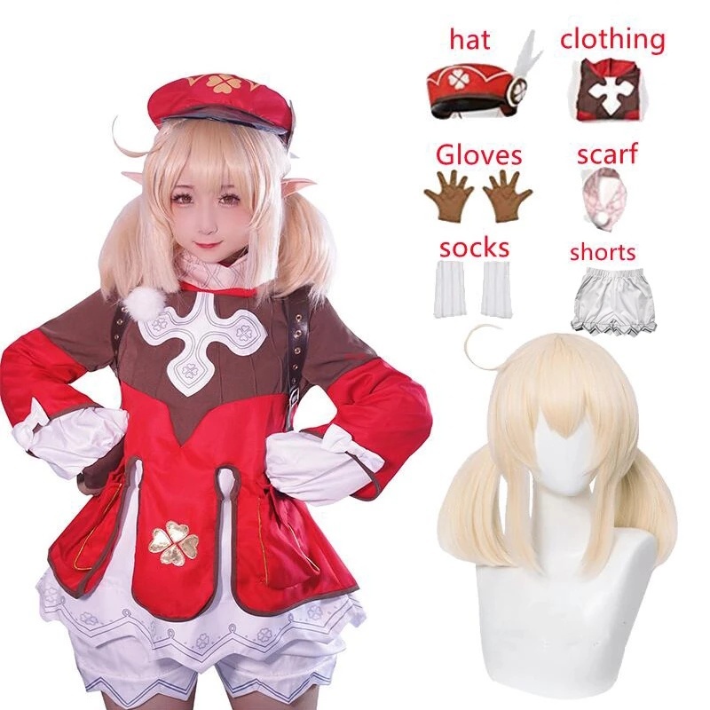 Women Genshin Impact Klee Cosplay Costume Full set Outfit & wig For  Halloween