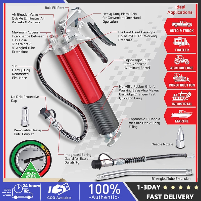 Grease Gun Pump Heavy Duty 8000PSI 14 Oz 12" Flex Hose 400cc Pistol Grip Heavy Duty Grease Gun