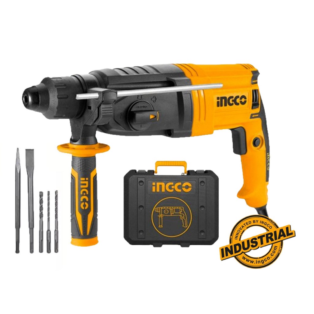 INGCO 950W SDS 28MM Rotary Hammer Drill with 3 Drills 2 Chisel and Case ...