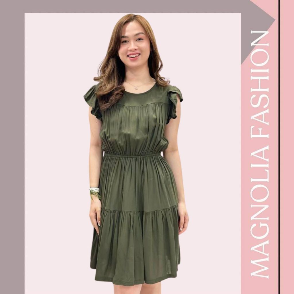 MF Korean Casual Petite Garterized Waist Ruffles Sleeves Tiered Midi ...