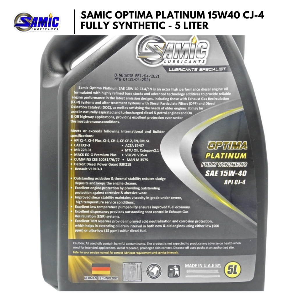 Samic Optima Platinum 15W40 CJ-4 - 5Liter / 1Liter - Fully Synthetic ...