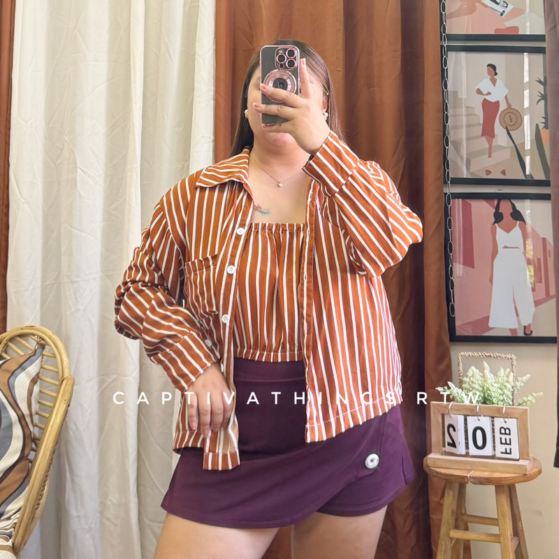 PLUS SIZE XL 3XL Katie 2 in 1 POLO TUBE Stripes Plain Button Down Set Shopee Philippines