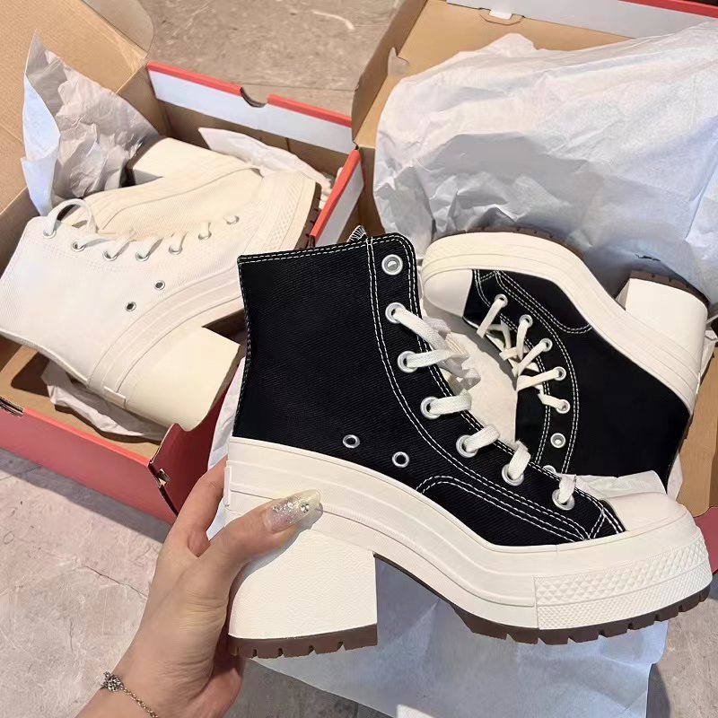 New Korea Fashion High heeled canvas shoes Women HIgh Cut Black WHite Sneakers9.5cm Shopee Philippines