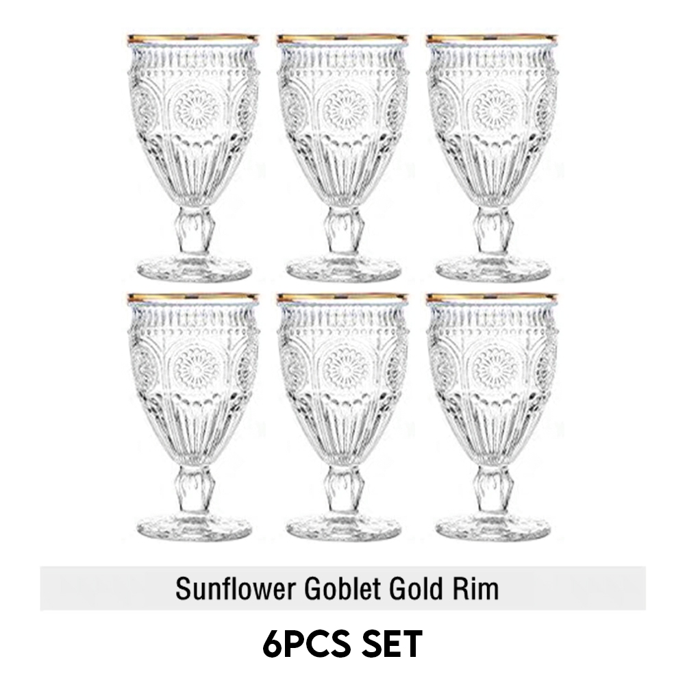 Vishine 6pcsset European Style Drinking Glass Cup Embossed Sunflower Goblet Pitcher Beverage 1547