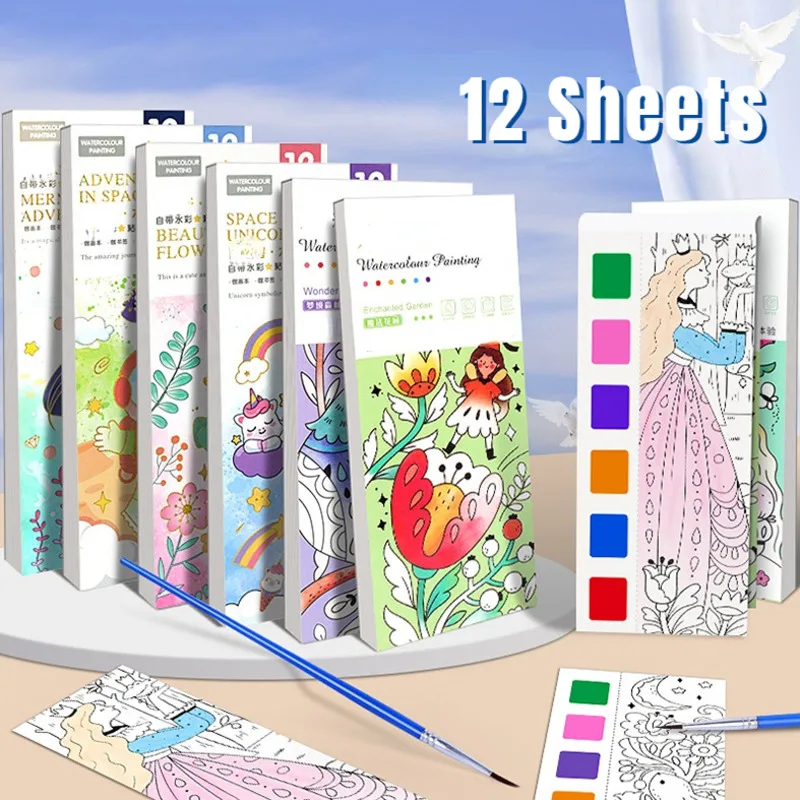 Portable Painting Coloring Book Set with Paintbrush Graffiti WaterColor ...