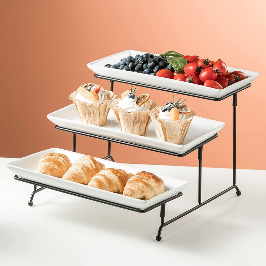 Yo-Fun 3 Tier Rectangular Serving Plate Set with Metal Rack Buffet ...