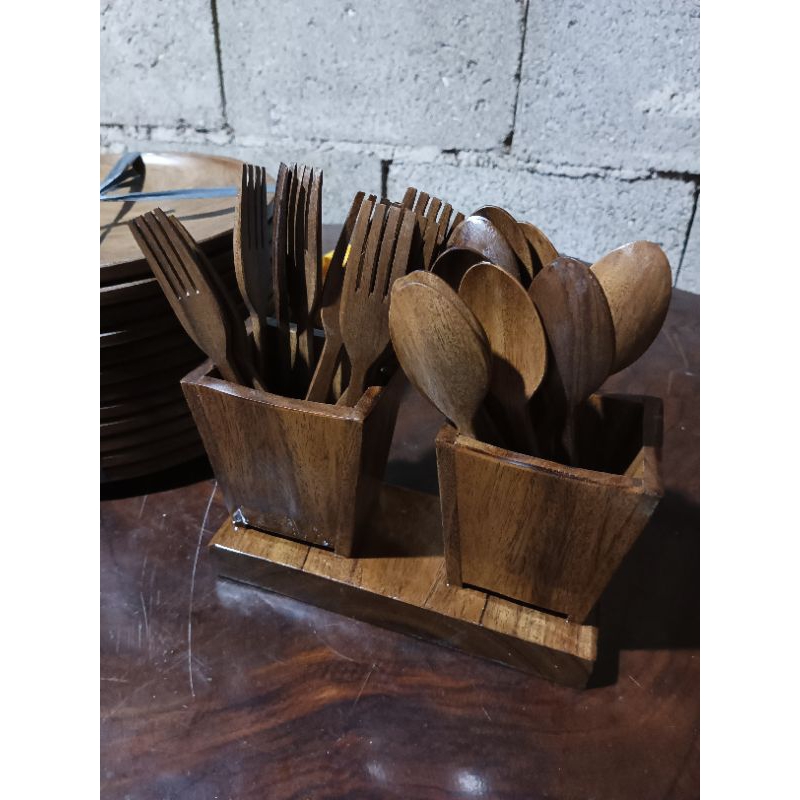 spoon and fork 1dozen w/rack Magkono Wood | Shopee Philippines