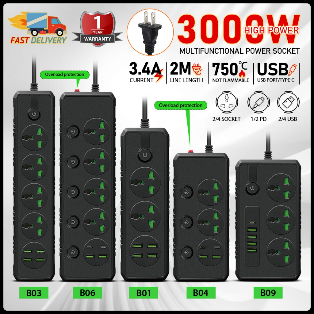 WEITI US PLUG 3000W Power Strip 4 Universal Outlet 5 USB Extension ...