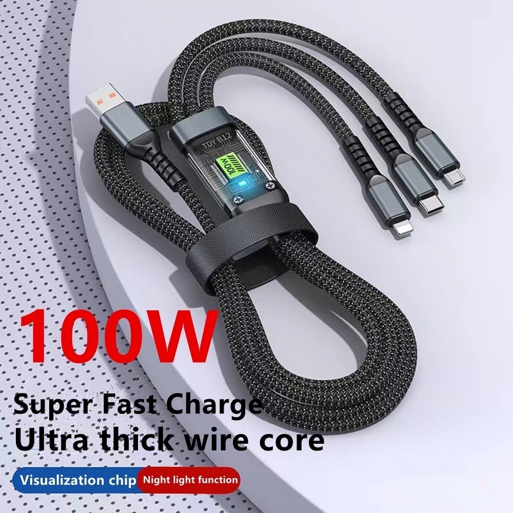 100W 3 in 1 Super Charging Cable 6A Micro USB Type C Fast Charger Type
