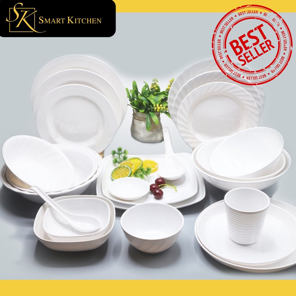 D-White Melamine ware Dinnerware Plates/Spoon/Cups/Tumbler/Bowl