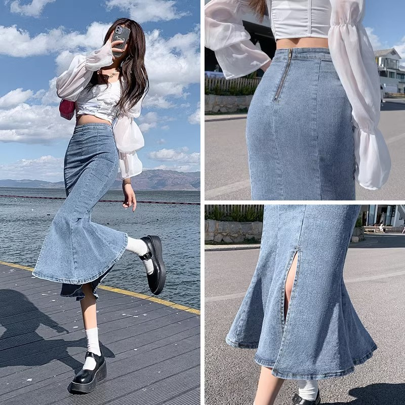 Plus size fishtail long denim skirt retro blue for women high waist jean A line skirt korean palda Shopee Philippines