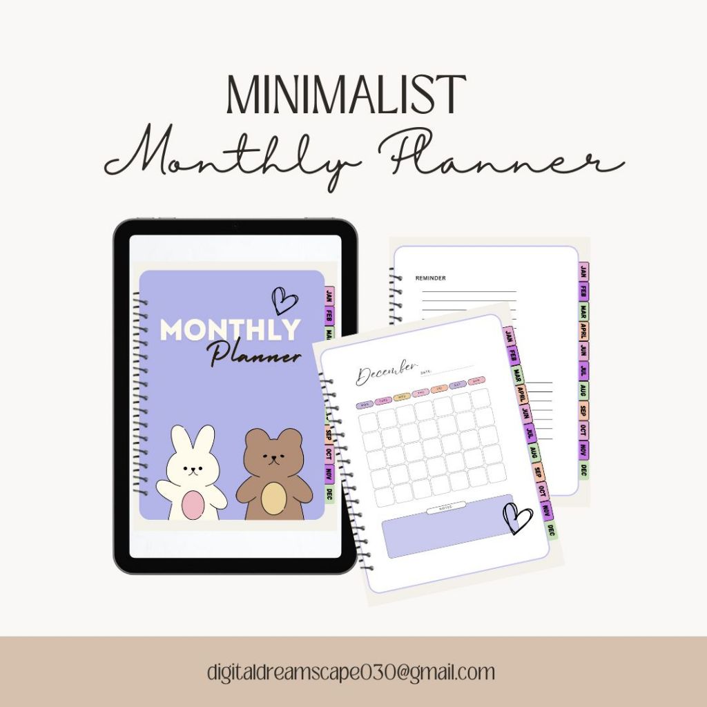 Adorable bear digital planner minimalist monthly organizer digital