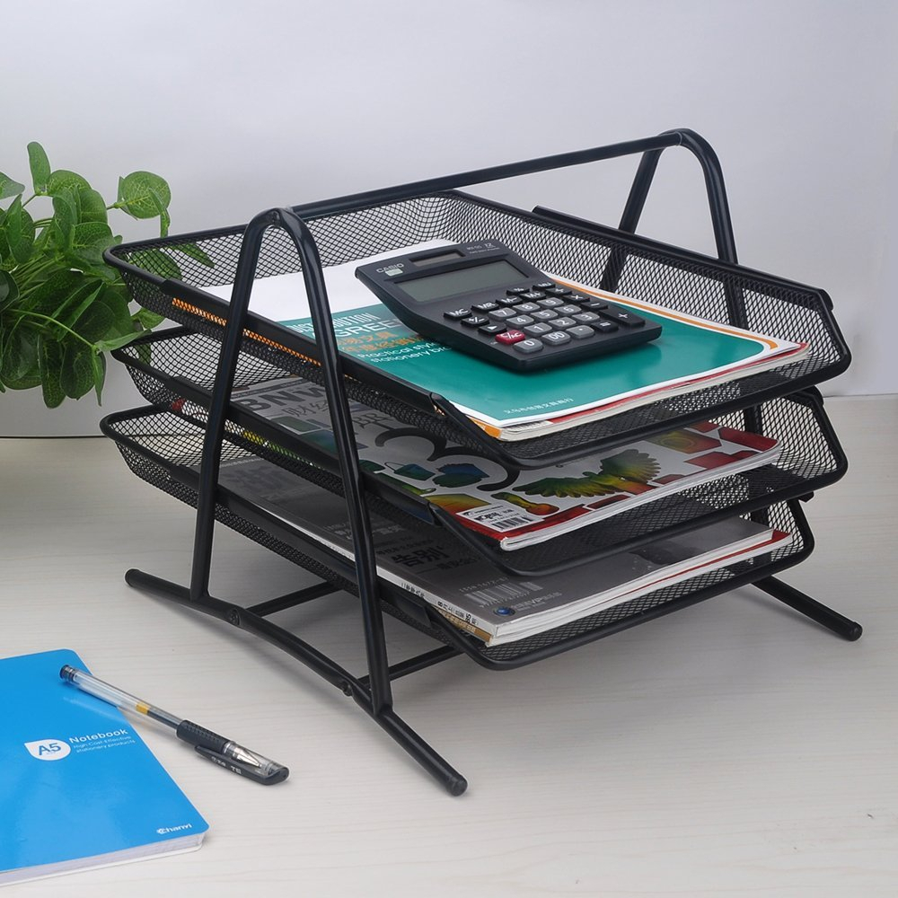 3 Tier Office Desktop Organizer with 3 Sliding Trays for Mesh Document ...