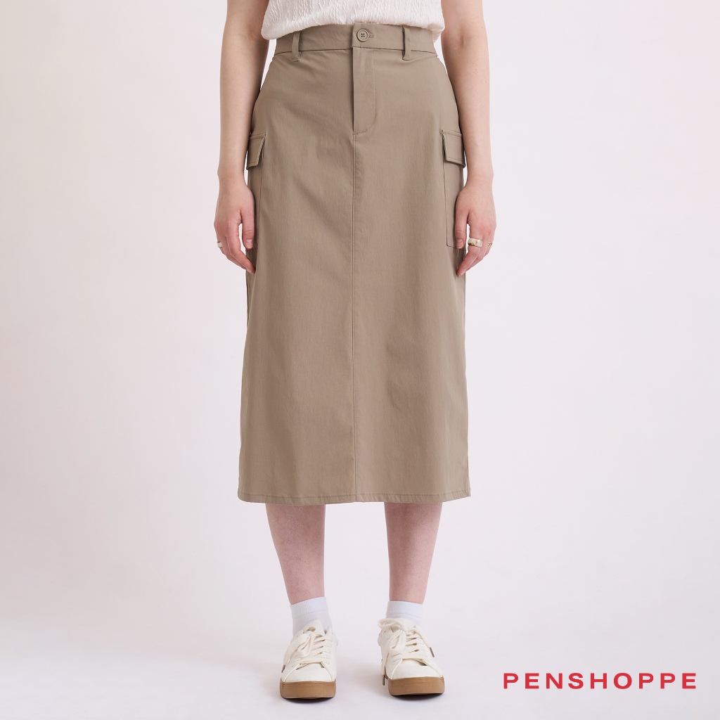 Penshoppe Nylon Midi Cargo Skirt For Women Taupe