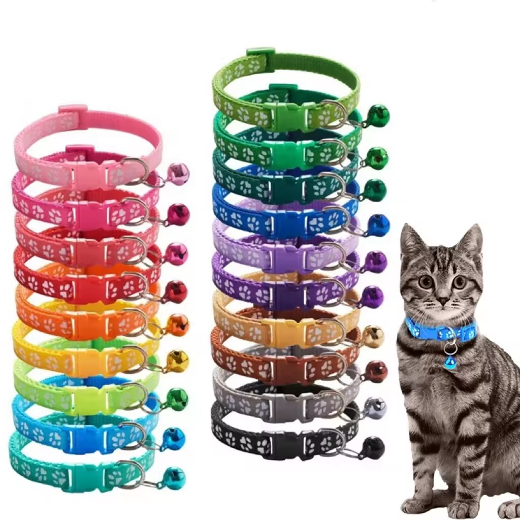 Colorful Paw Print Adjustable Nylon Cat Collar with Bell | Shopee ...