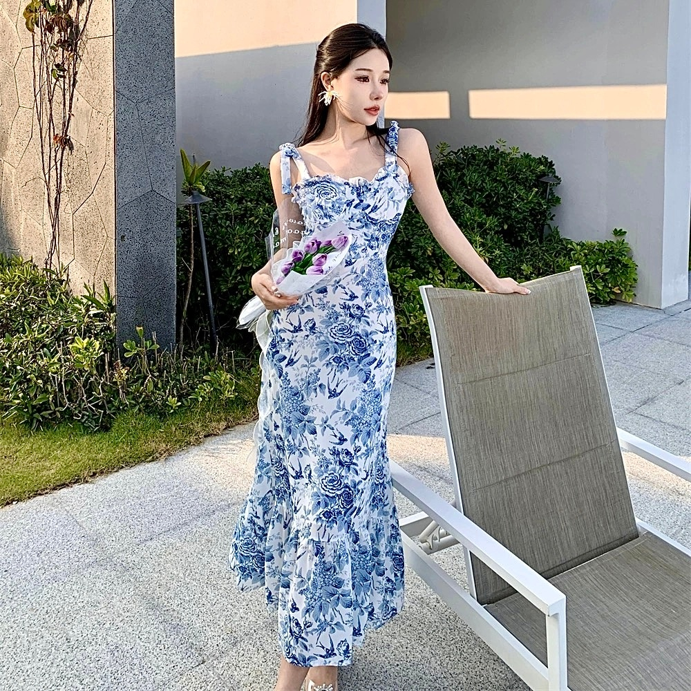 Summer beach floral sexy long dress for women korean halter fitted dusty  blue dress for wedding XXL | Shopee Philippines