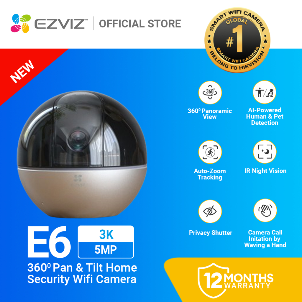 EZVIZ E6 Smart 5MP Wifi Camera 360°P&T Indoor IP Cam Connect Cellphone ...