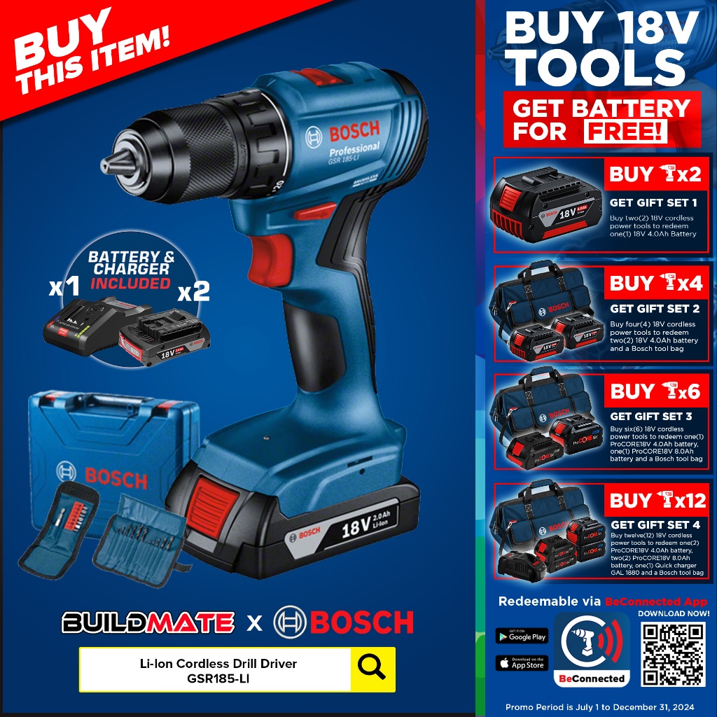 Buildmate x BOSCH Professional Lithium Ion Li-Ion Cordless Drill Driver GSR  185-LI 06019K30K2 BLC