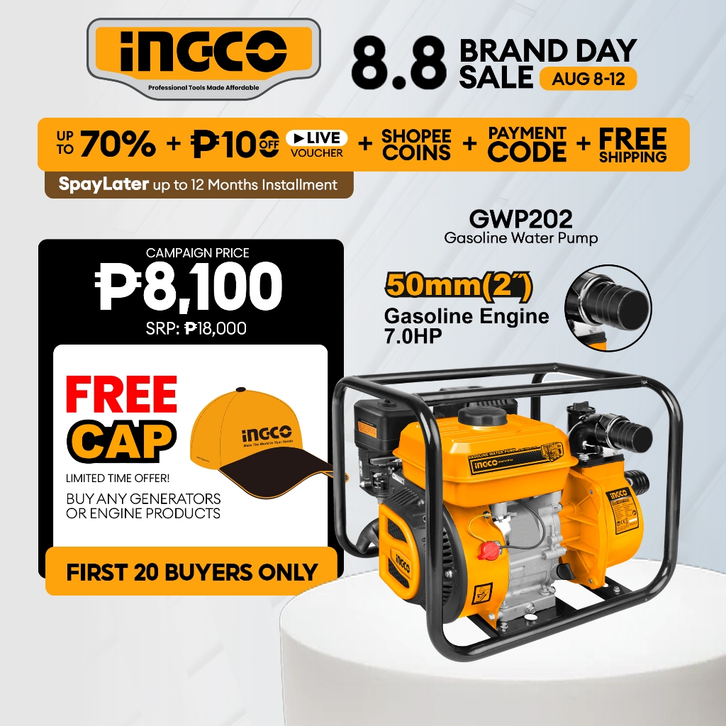 INGCO Industrial Gasoline Water Pump 2-Inch 7HP 3.6L Fuel Tank GWP202 ...
