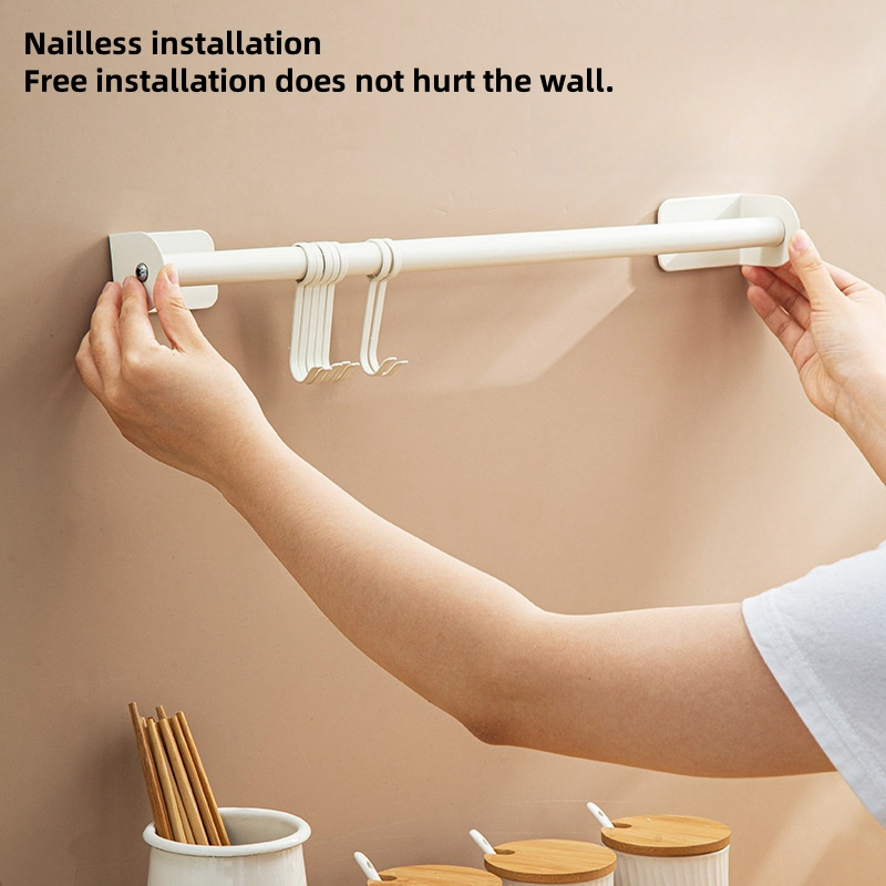 Kitchen Hook Rod Rack Non-Punching Multifunctional Storage Wall Hanging ...