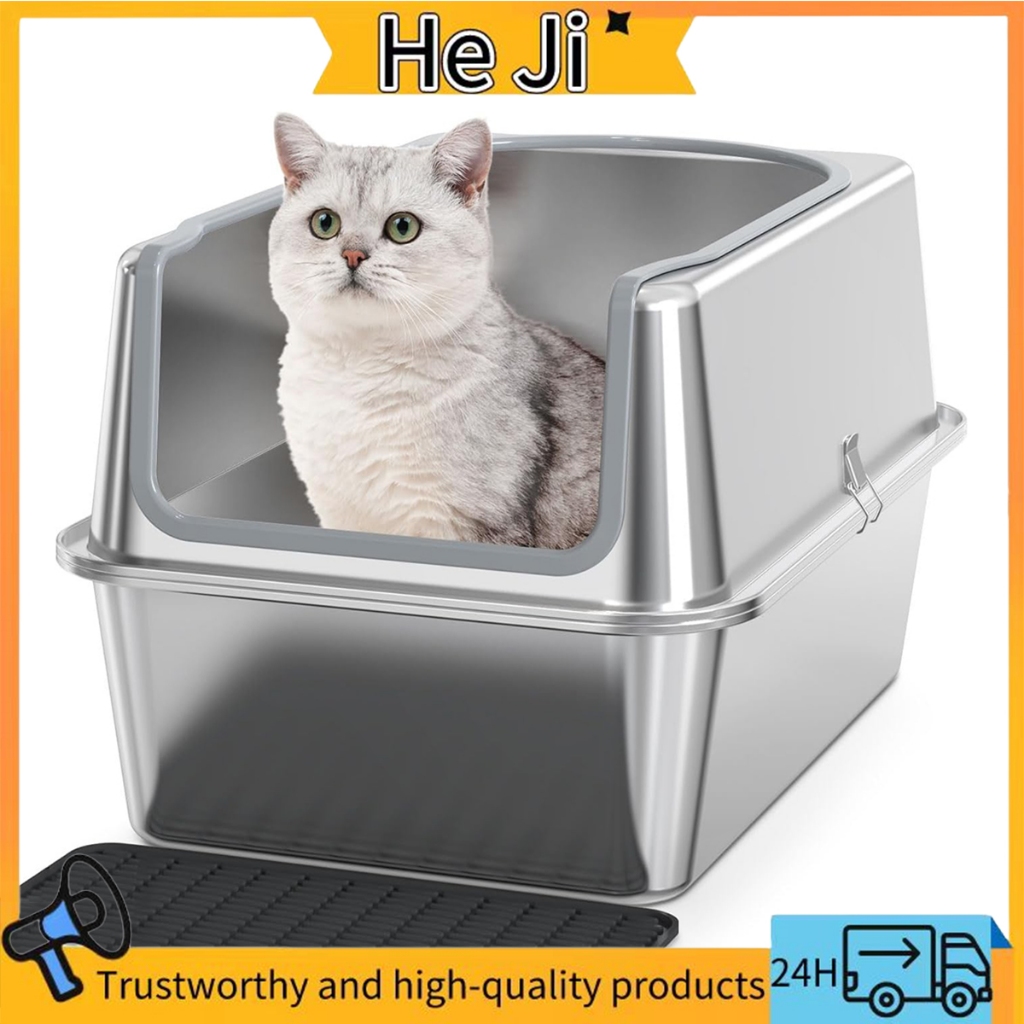 HEJI Stainless Steel Cat Litter Box All Metal Cat Litter Box High Side Cat  Litter Box 36L Cat Litter
