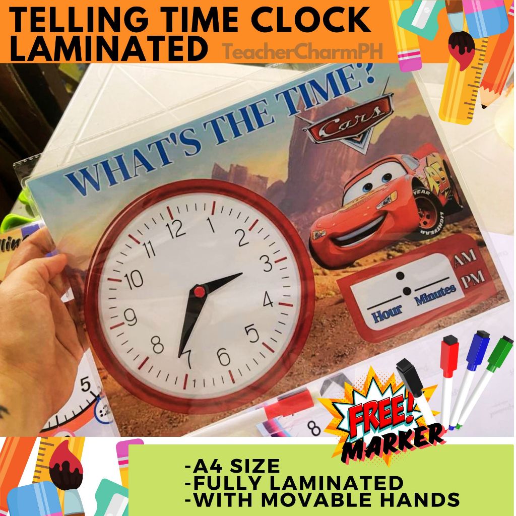 Telling Time Clock Laminated Movable Hands with Free Marker A4 size ...