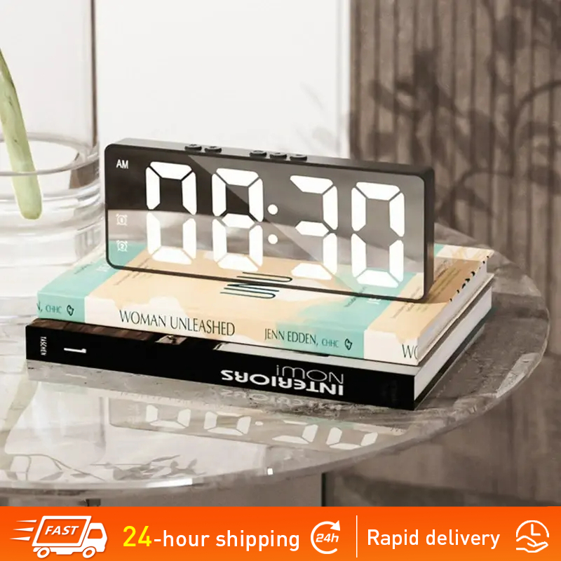 LED Mirror Table Clock Digital Alarm Snooze Display Time Desktop ...