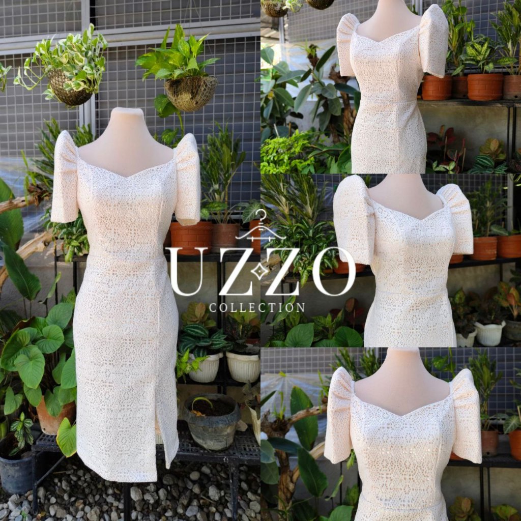 UZZO Modern Filipiñana Dress Outfits Mestiza Sleeve Knitted Eyelet ...