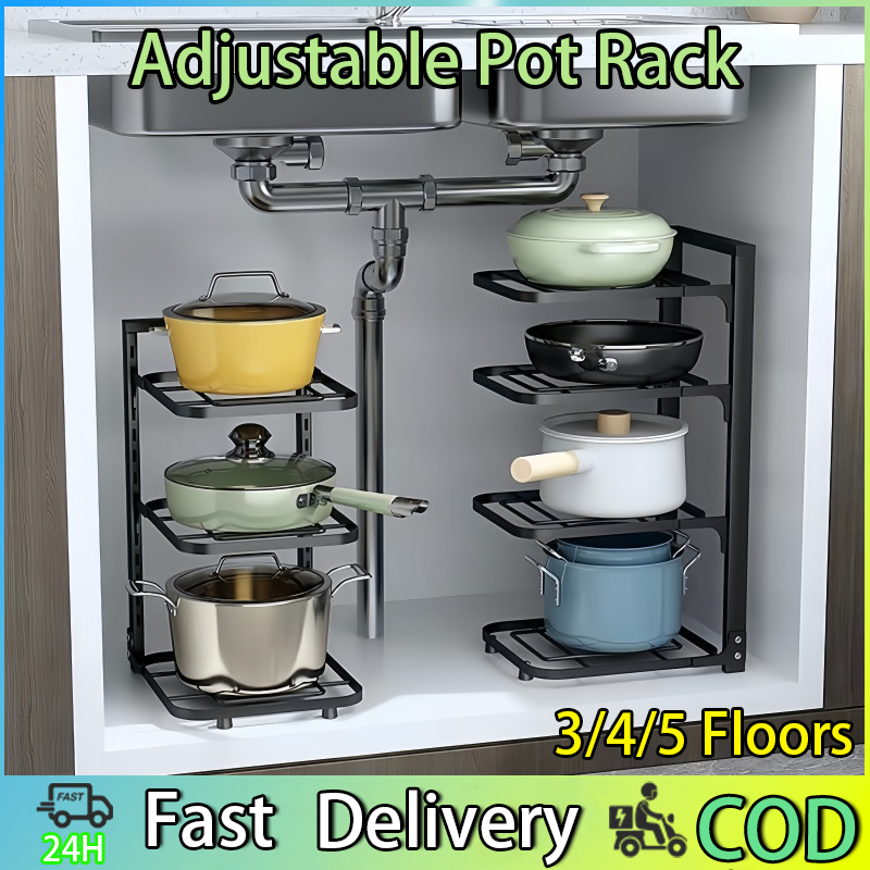 Kitchen Pan Organizer Pot Rack Adjustable Under Sink Countertop ...