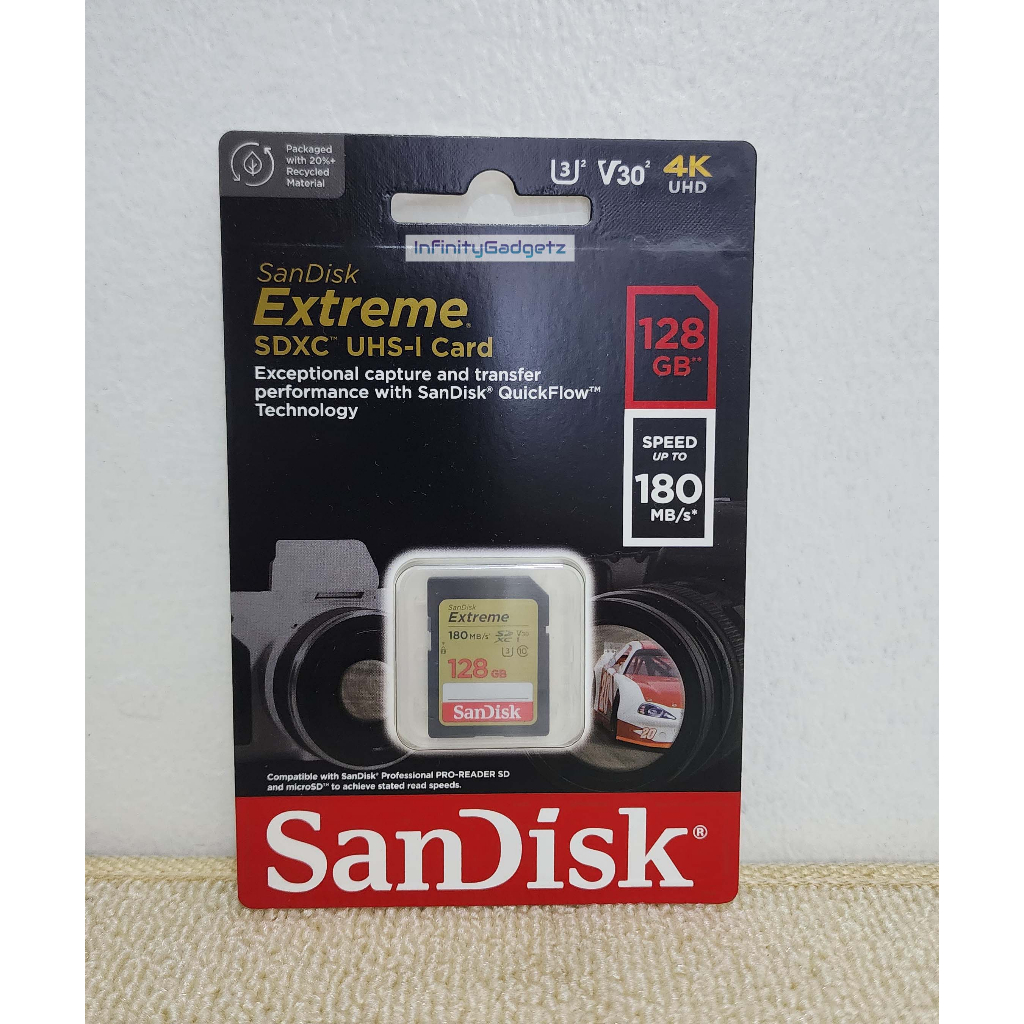 SanDisk Extreme 128GB SDXC Class 10 180MB/s UHSI U3 V30 4K SD Card