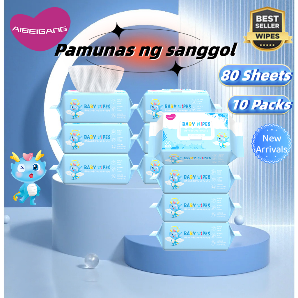 AIBEIGANG Baby Wipes Wet Wipes 10Packs 80Sheets for New Born Baby 99.9