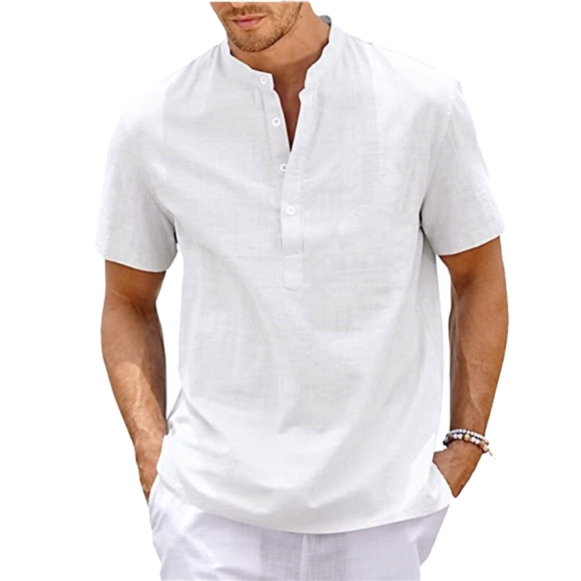 Plain Cotton and Linen Stand collar Polo shirt Fashion Casual Short ...