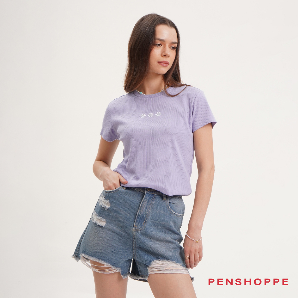 Penshoppe Ribbed Knit Top With Floral Embroidery For Women (Lavender ...