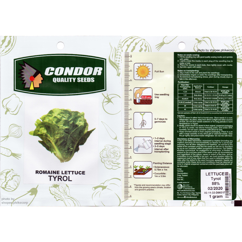 Condor Herbs Seeds - ROMAINE LETTUCE TYROL 1g GW_S3 | Shopee Philippines