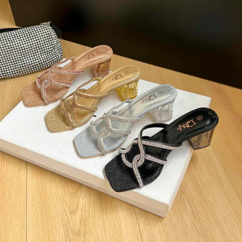 JK COD 558-23 Rag black crystal loo strap mid heel for women | Shopee ...