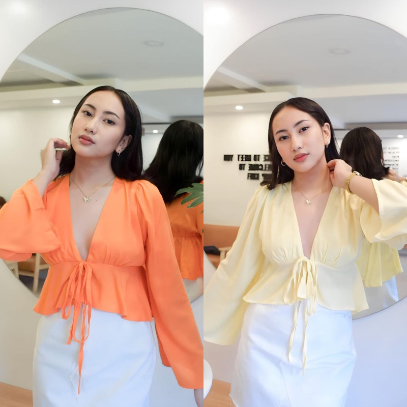 Letty Long Sleeves Tie Top | Shopee Philippines
