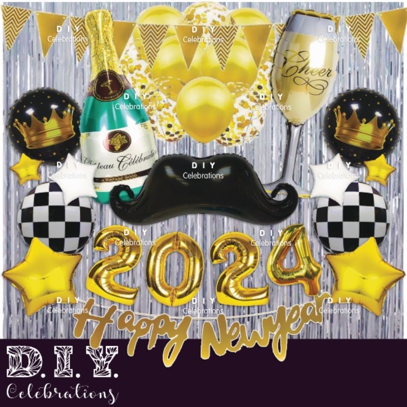 DIY CELEBRATIONS Complete Set Happy New Year 2024 Banner Balloons Gold