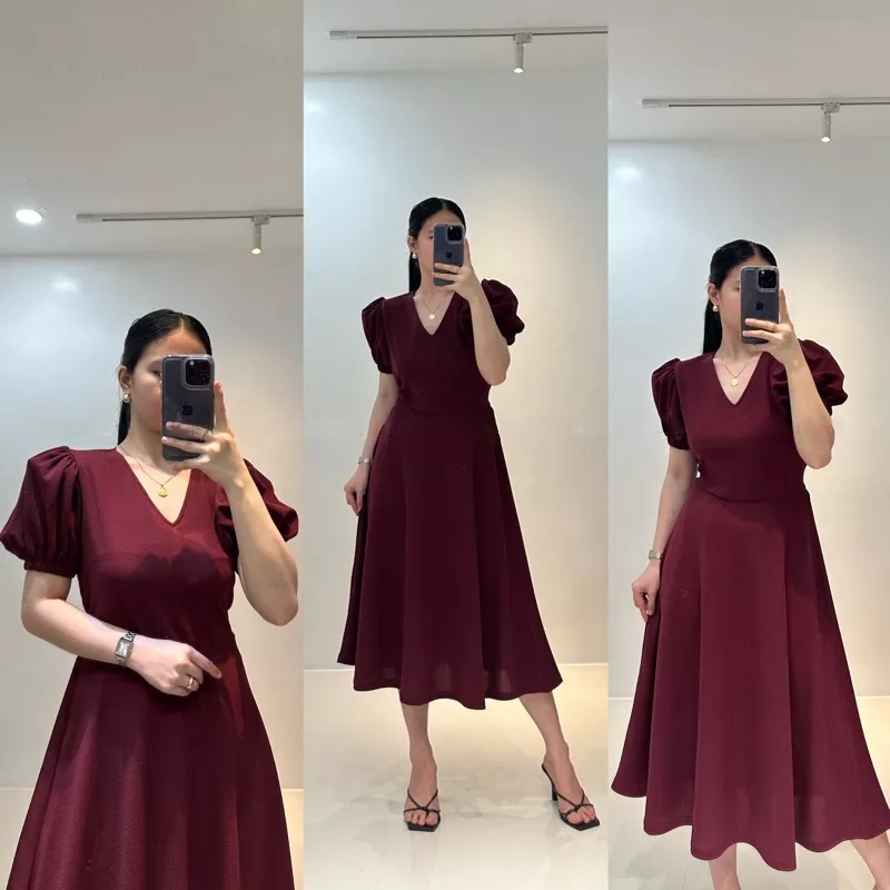 Formal dress S-L size midi plain dress for woman casual puff sleeve ...