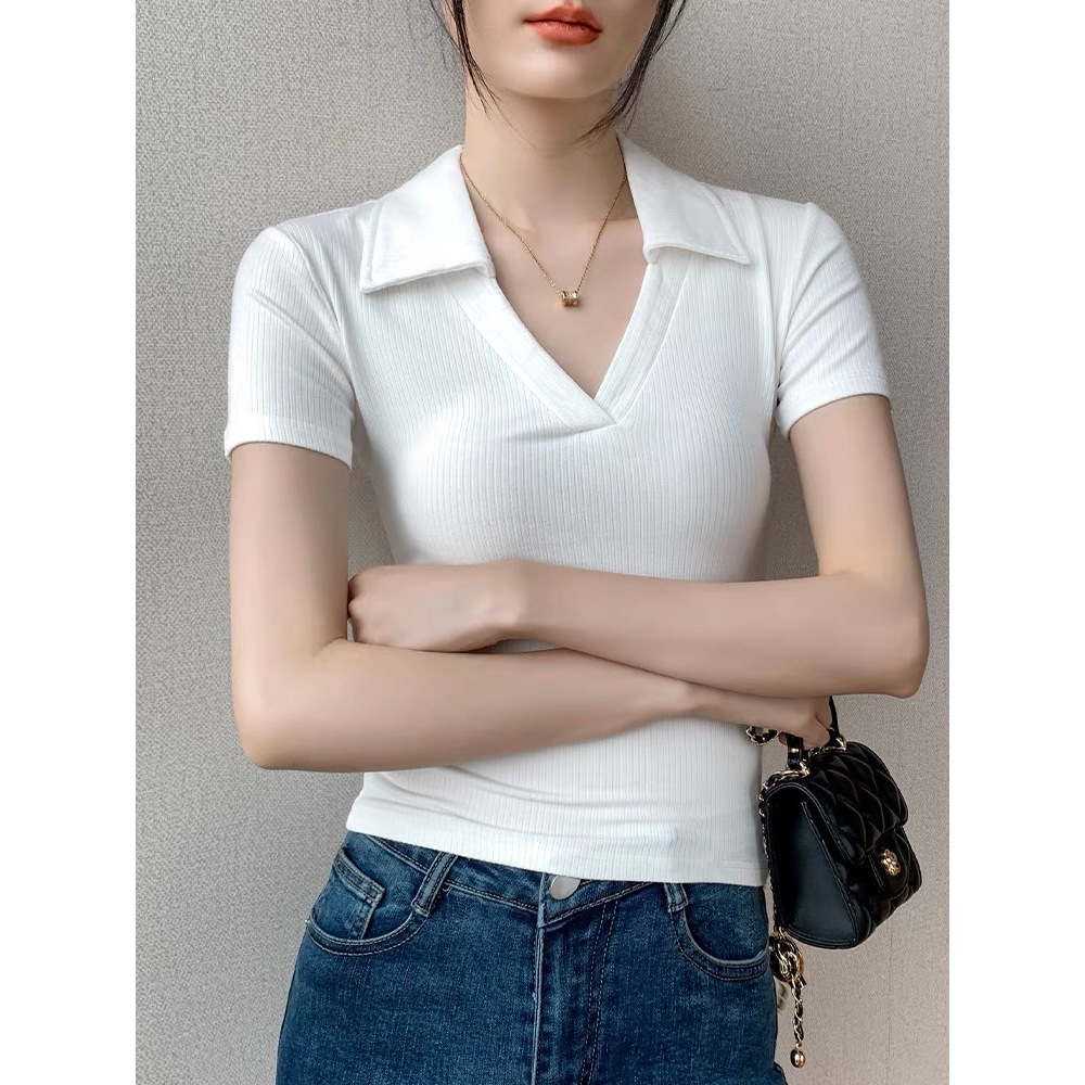 Angelcity Collar T Shirt V Neck Tops Short Sleeve Korean Fashion ...