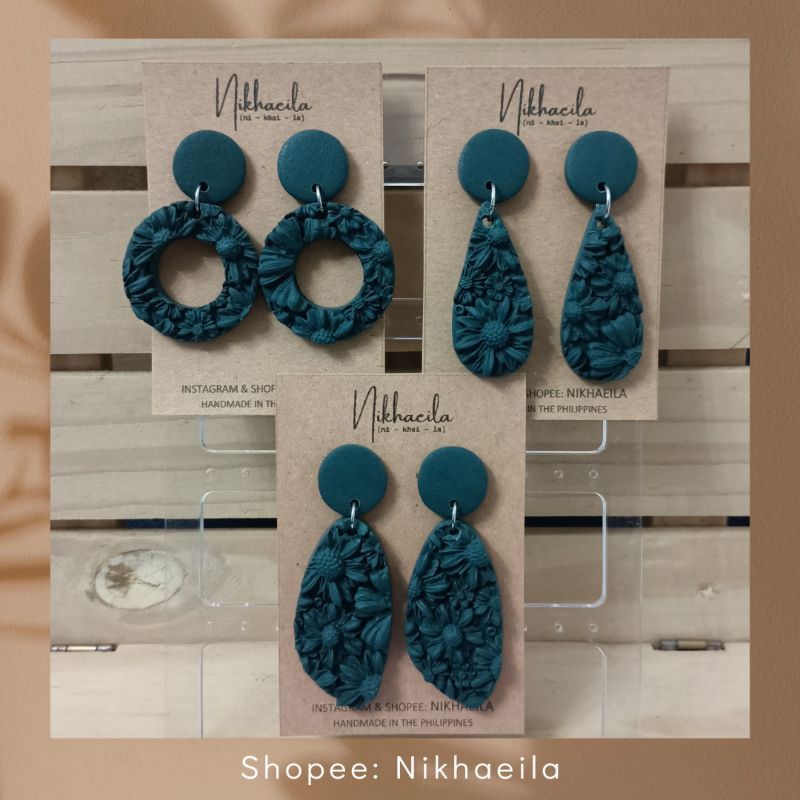 3d botanical embossed deep green drop polymer cly earrings | Shopee ...