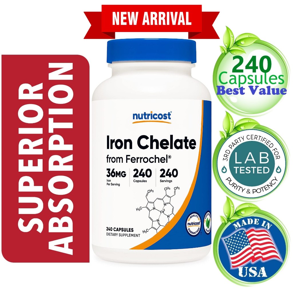 Iron Chelate Bisglycinate 240 Caps Ferrochel® Gentle Iron for Anemia, Energy Levels, Immunity