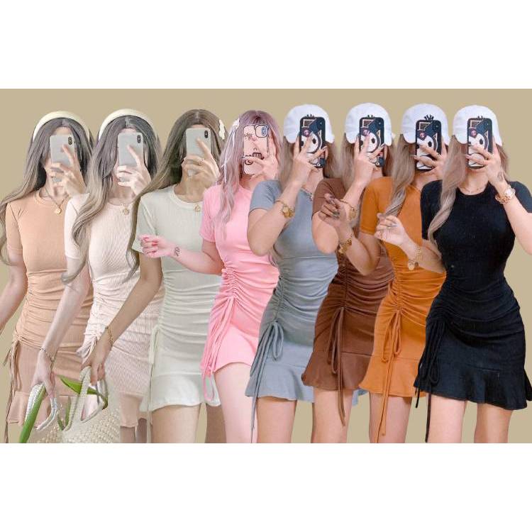 Hanna Adjustable Side String Ruffles Roundneck Plain Body Hugging Mini ...