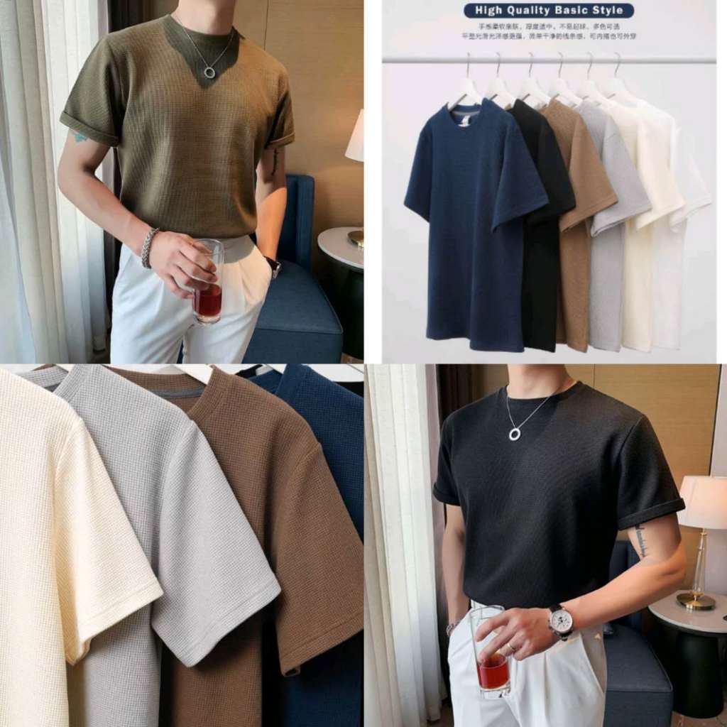 Men's Oversized Tshirt Round Neck Waffle shirt men knitted Tshirt Men