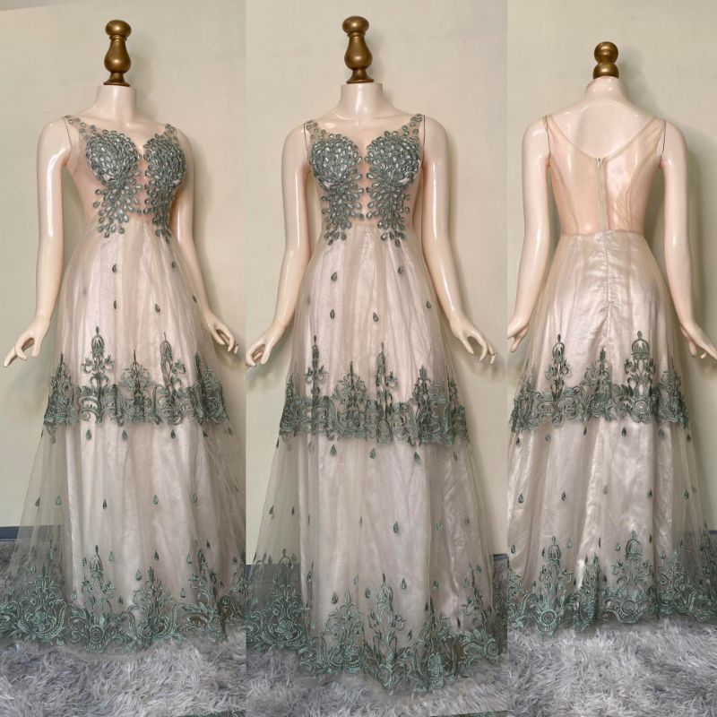 elegant sage green/cream long gown Shopee Philippines