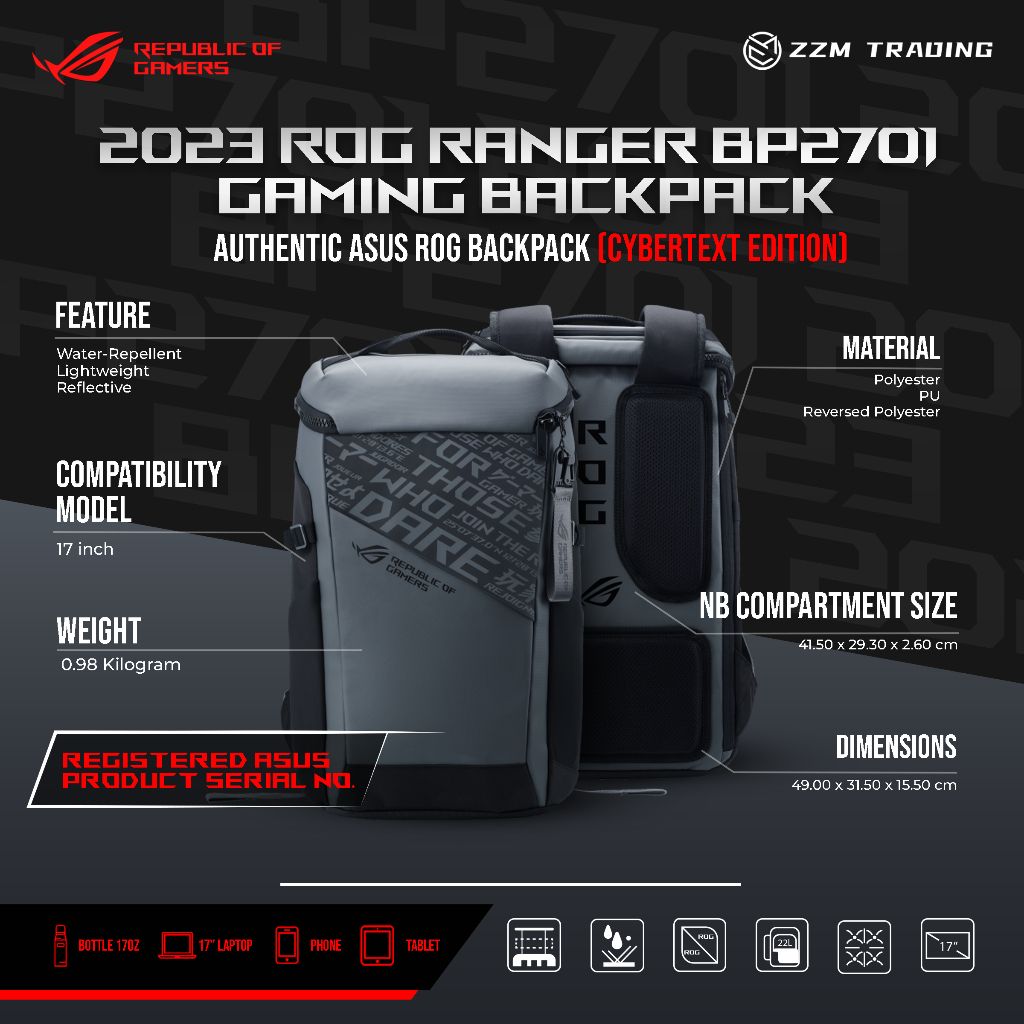 ASUS ROG Ranger BP2701/Cybertext Edition Gaming Backpack 17